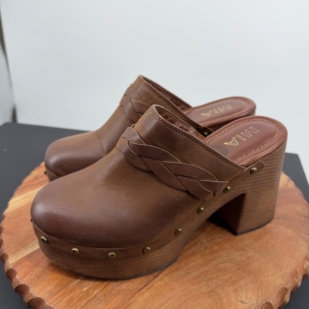 MIA Ravine Platform Clog Women 8 Brown Braided Studded Wood Heel Mule MH2074MM - Picture 3 of 9